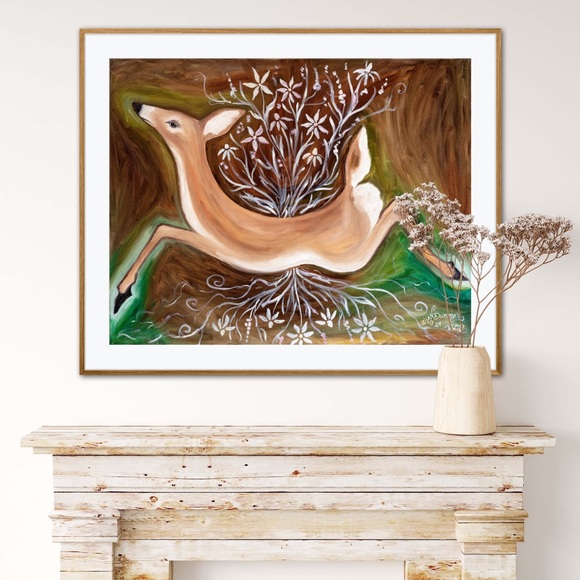 Graceful Doe Art Print Oil Painting whimsical minimalist natural nature flowers - Picture 5 of 6